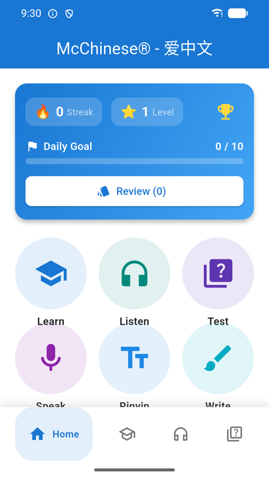 Learn Chinese home screen showing streak, level, daily goal and a grid of shortcuts