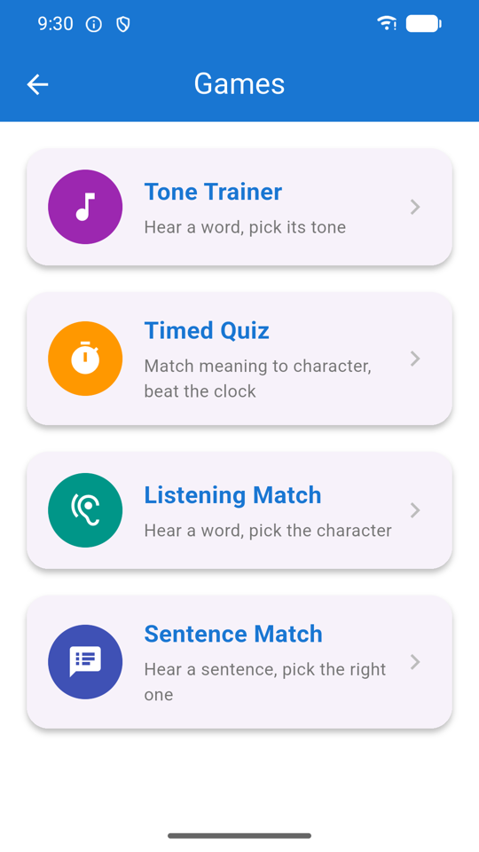 Games hub listing Tone Trainer, Timed Quiz, Listening Match and Sentence Match