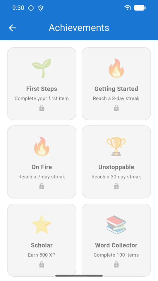 Achievements grid showing locked and unlocked badges
