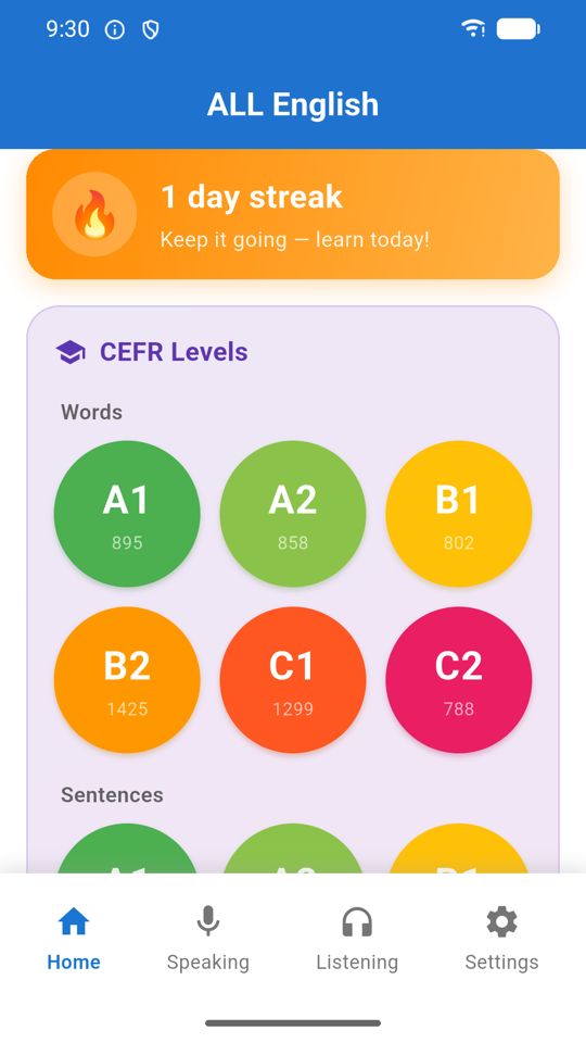 ALL English home screen showing a streak banner and CEFR level circles A1 to C2 with word counts