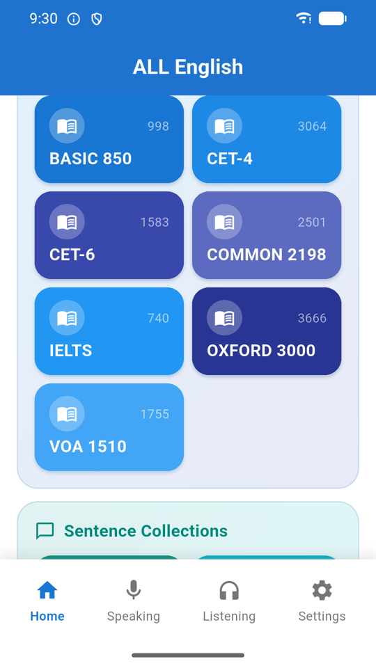 Word Collections section showing Basic 850, CET-4, CET-6, Common 2198, IELTS, Oxford 3000 and VOA 1510 tiles with counts