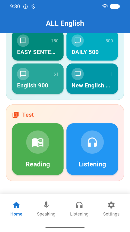 Test section on the home screen offering reading and listening tests