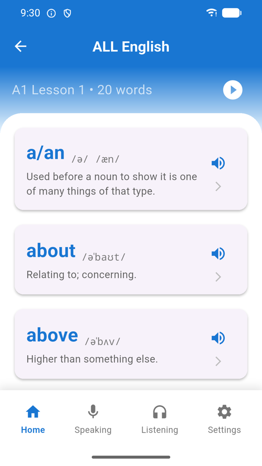 Word list showing words with IPA transcription and heart icons