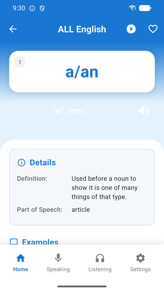 Word card for a/an showing IPA transcriptions, definition and part of speech