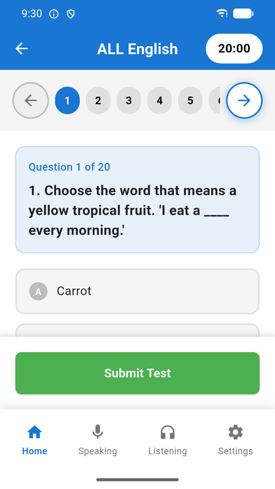 Test question screen with a 20 minute countdown, question navigator and multiple choice answers