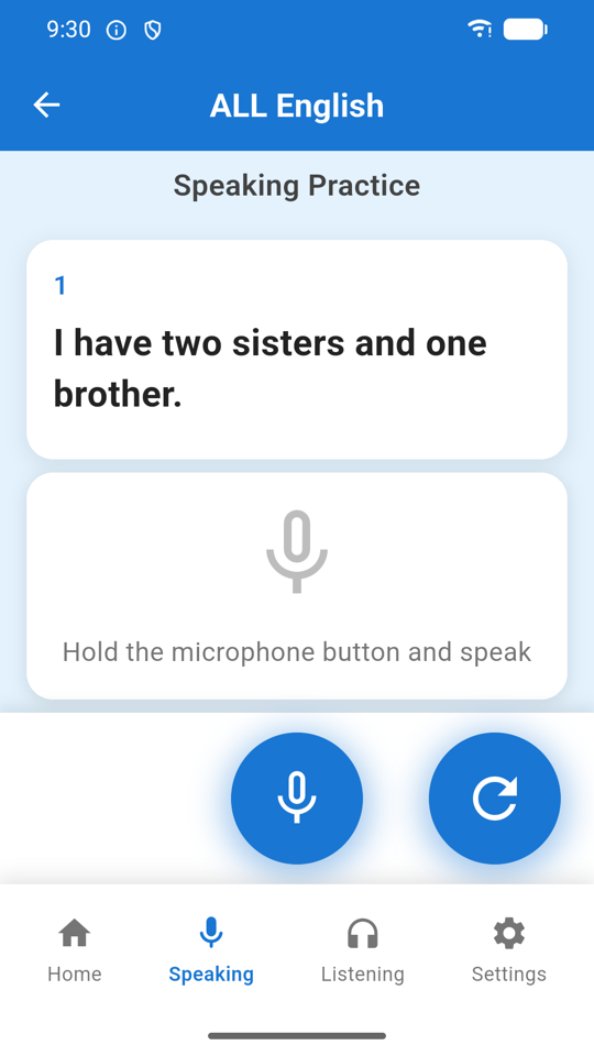 Speaking practice screen with a sentence to read aloud