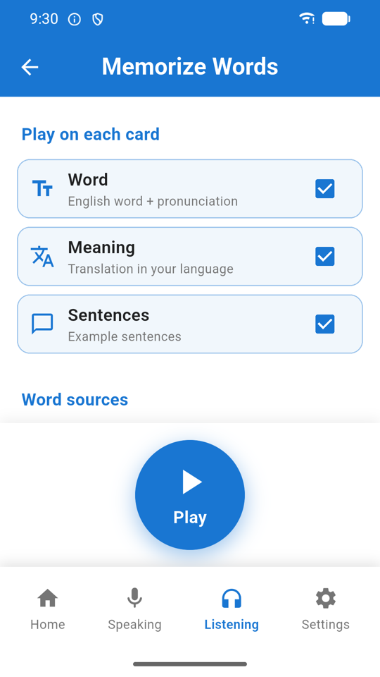 Memorize Words setup with checkboxes for Word, Meaning and Sentences, a word sources section and a Play button