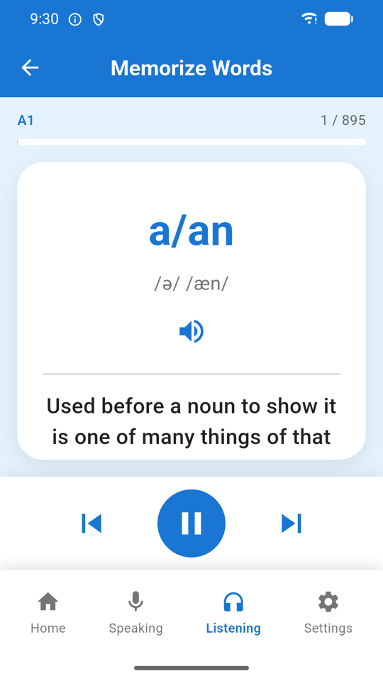 Memorize Words auto-playing flashcard screen