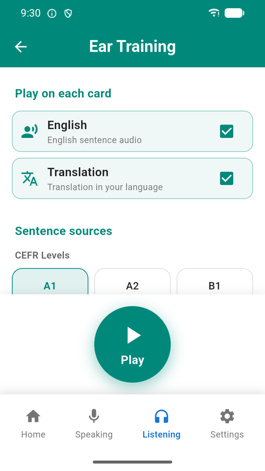 Ear Training setup screen with playback options and sentence sources