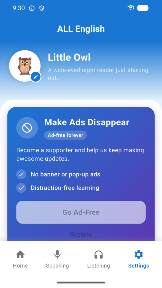 Settings screen showing the Little Owl learner avatar and a Make Ads Disappear card