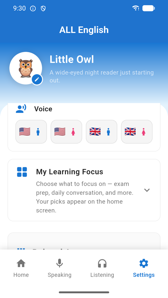 Voice selection settings with a list of installed voices