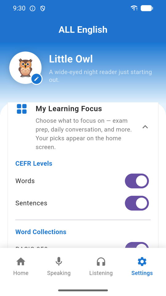 Home buttons settings panel with toggles for each home screen section