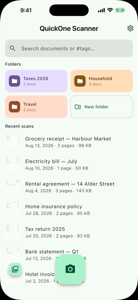QuickOne Scanner home screen showing colour-coded folders and a list of recent scans