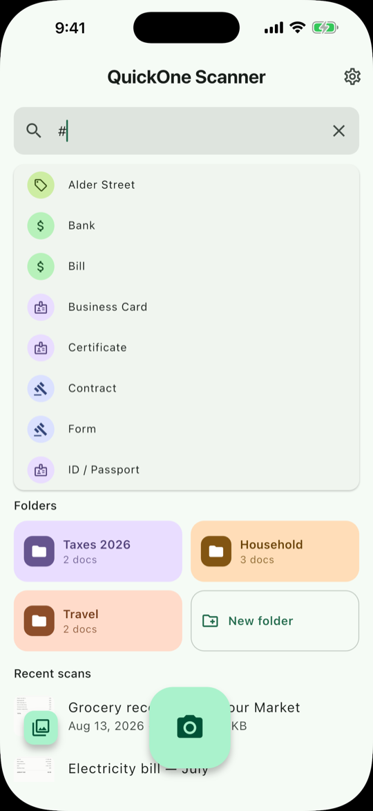 Typing a hash symbol in the search field lists every tag, each with its own icon