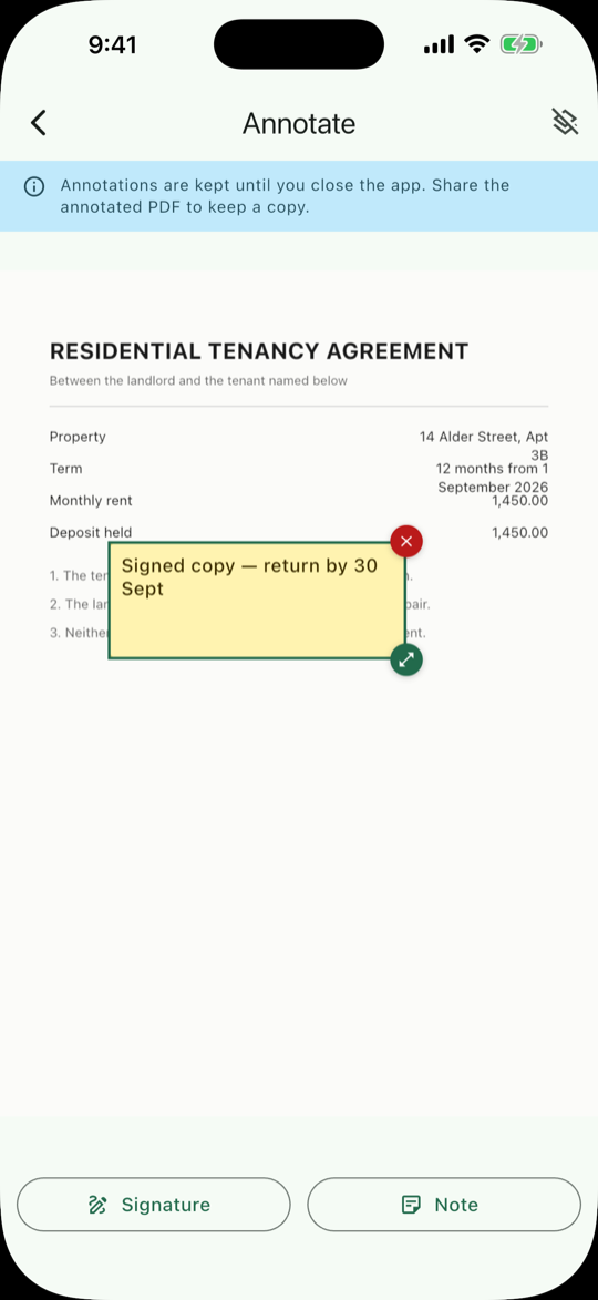 Annotate screen with a yellow sticky note placed on a tenancy agreement, and Signature and Note buttons