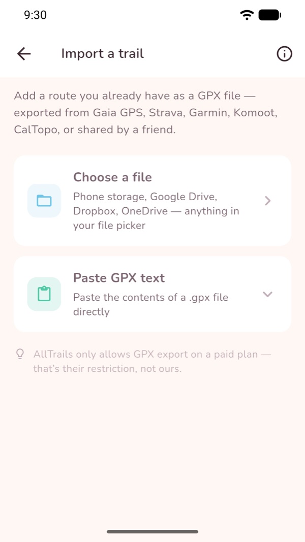 The trail import screen offering a file picker or pasted GPX text