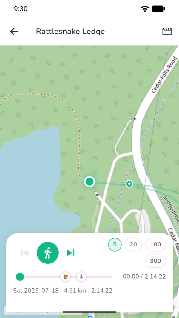 A hike replaying on the map, the route drawing itself behind a moving dot