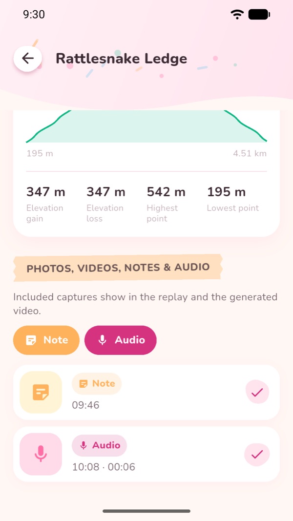 The moments panel of a recorded hike, listing a note and a voice memo