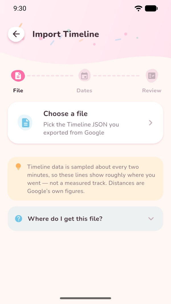 The Google Timeline import screen in Momera GO