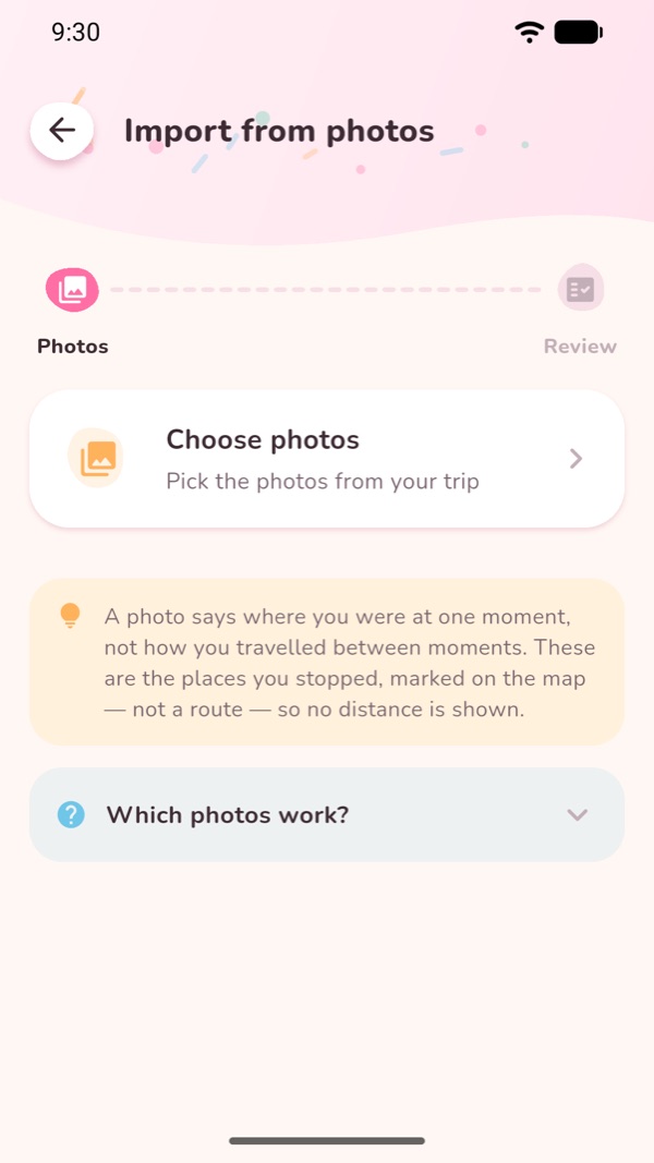 The photo import screen, explaining that photos need location data