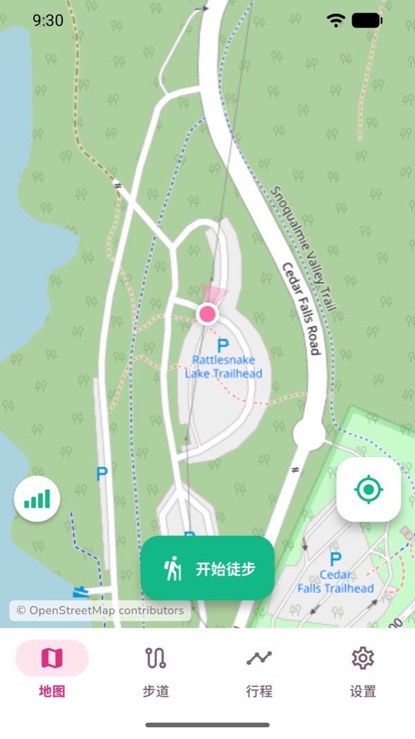 拾光旅行的地图页面，位于登山口，显示「开始徒步」按钮