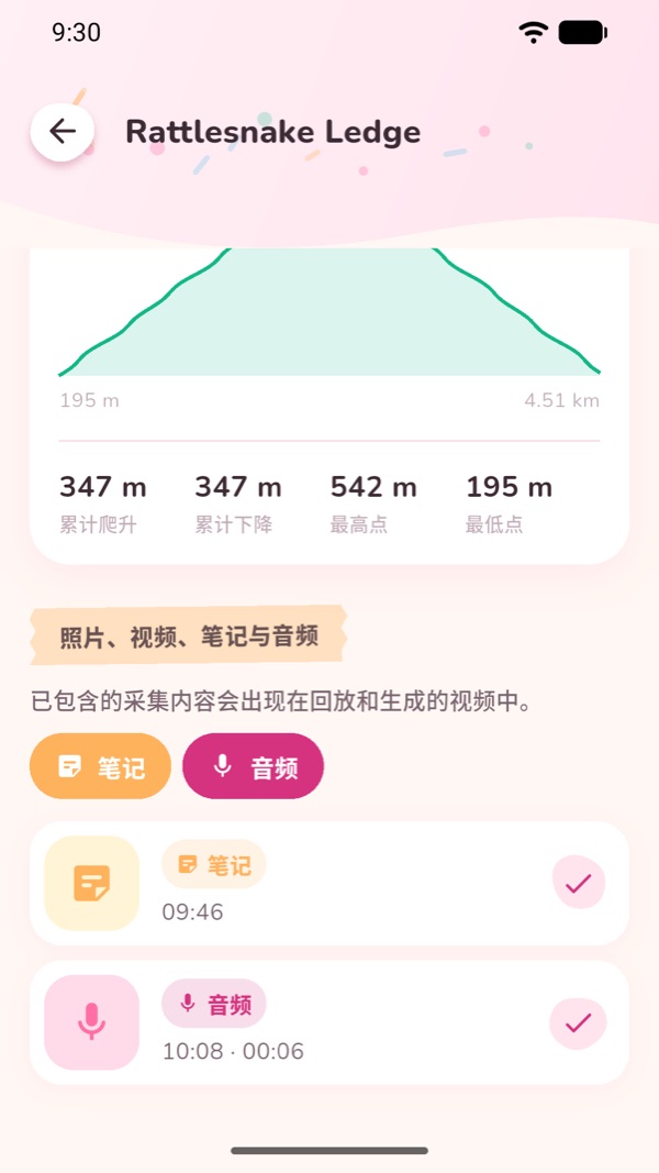 某次徒步的瞬间面板，列出一条笔记和一段语音备忘